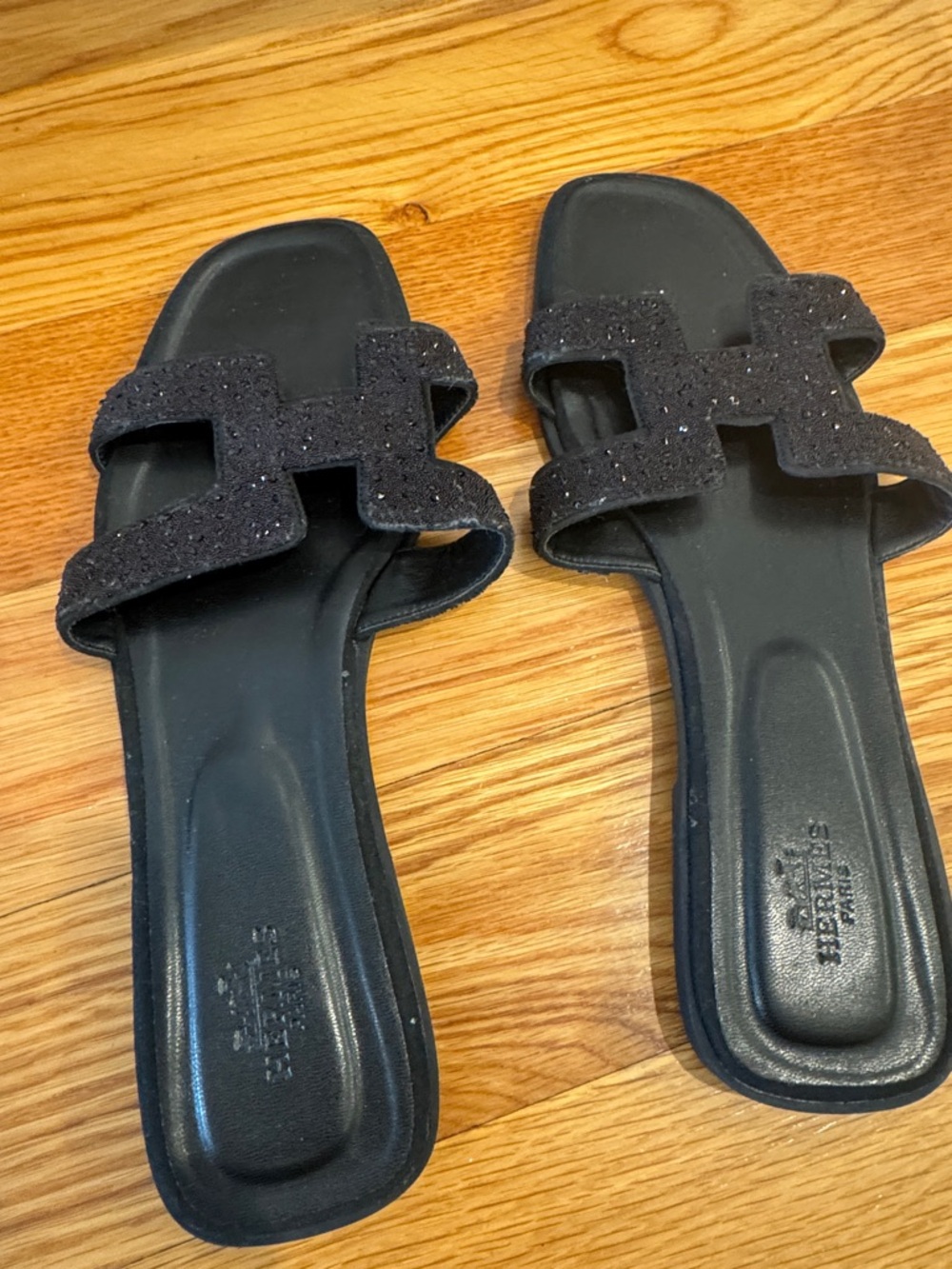 Hermes Black Crystal-Embellished Oran Slide Sandals